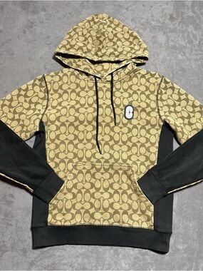 Coach Signature Monogram Hoodie Mens Small Brown Full Logo Print All Over